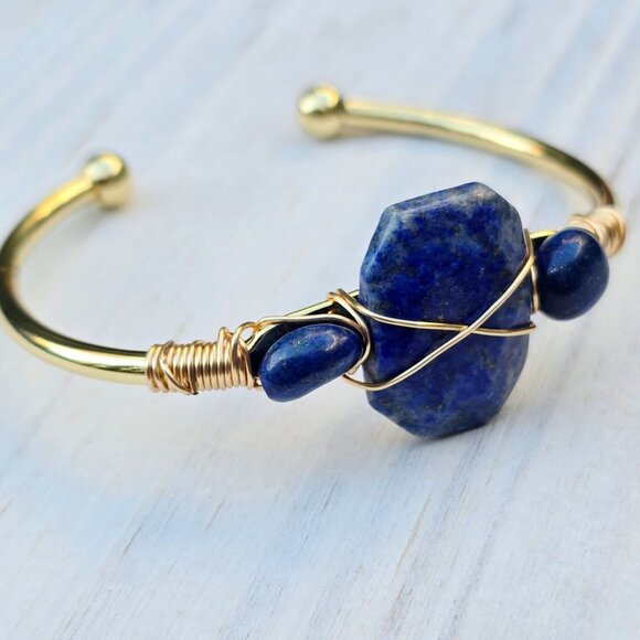 Lapis Lazuli Triple-Stone Wire Wrap Cuff – 14Kt Gold Over Copper – Handmade NWT - Picture 3 of 10